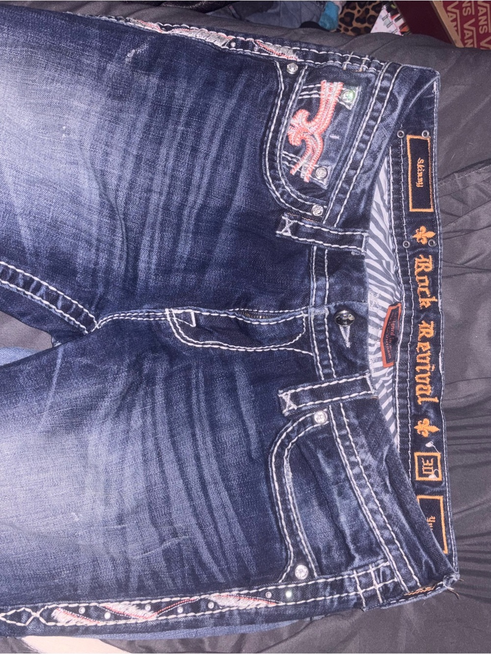 Rock Revival Navy Dark Wash Jeans with Orange Embroidery